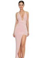 House Of CB Size Small Mauve Pink Midi Dress Halter Ruching Deep V Neck Draping