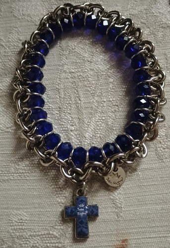 Salve Regina Catholic Blue Faceted Bead Stretch Bracelet Silver Tone Cross Charm