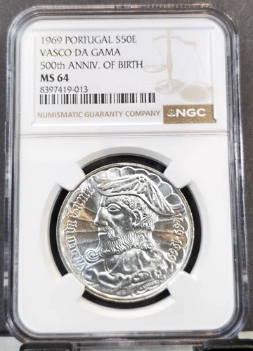 1969 PORTUGAL SILVER 50 ESCUDOS 50E VASCO DA GAMA 500TH ANNIV NGC MS 64 NICE BU