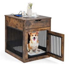 2-In-1 Furniture Dog Crate with Drawer Wired  Wireless Charging Side End Table