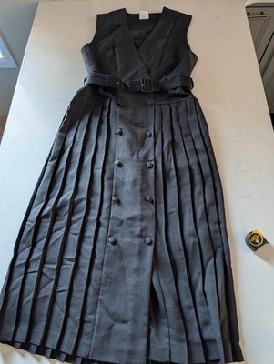 Laura Ashley Pleated Dress UK14 US 10 Dark Gray with Belt Pre Owned