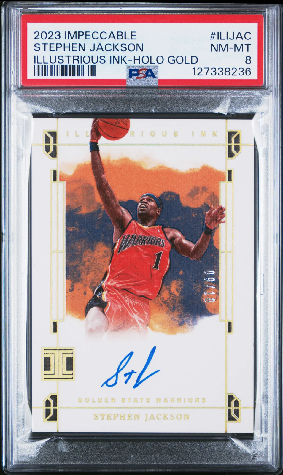 2023 Panini Impeccable Illustrious Ink Stephen Jackson Holo Gold Auto /10 PSA 8