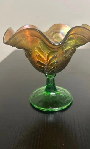 Vintage Northwood Green Carnival Glass Compote Daisy & Plume Pattern Mixed Color