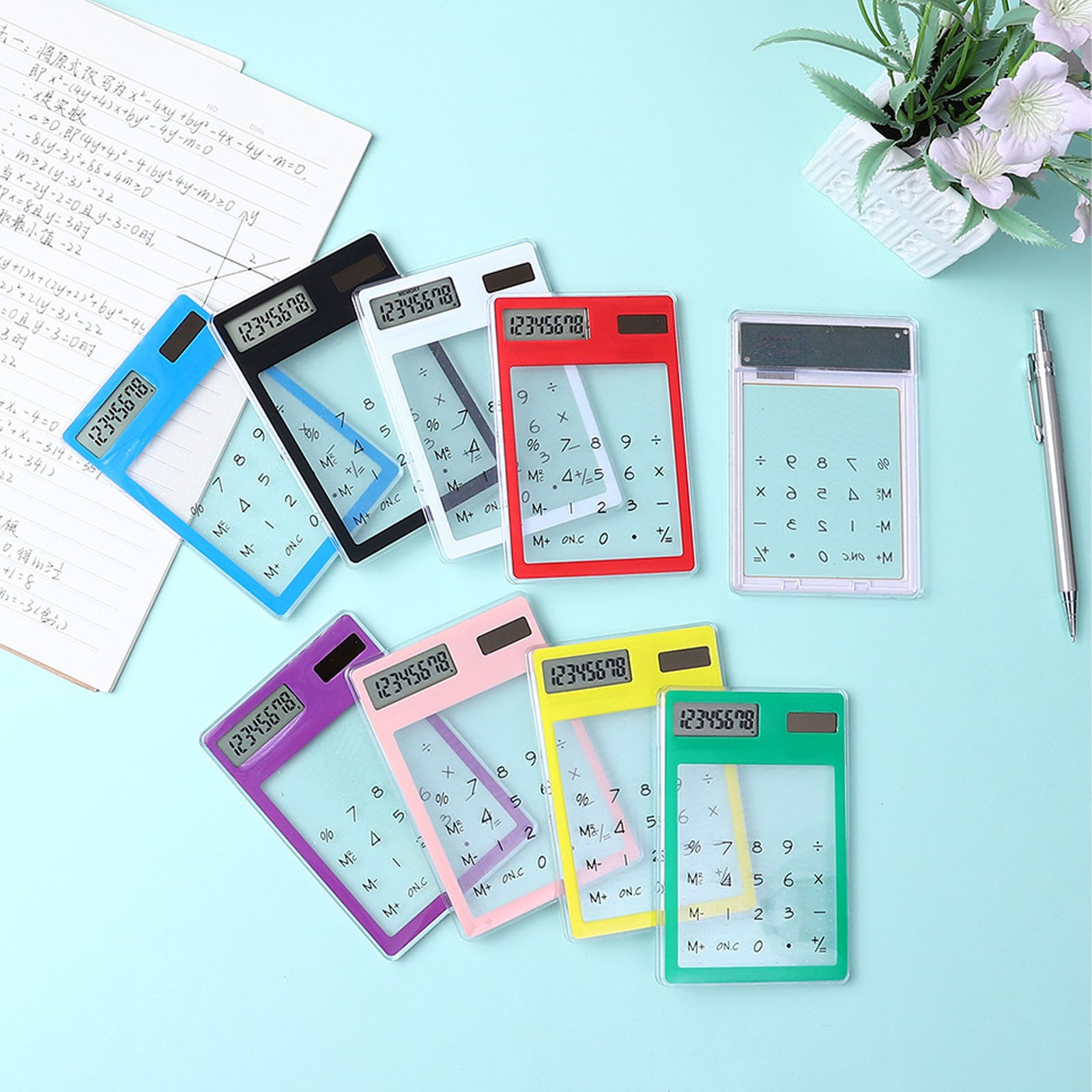 Solar Powered Calculator Touch Screen 8 Digit LCD Display Portable Transparent C