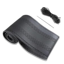 Black Leather Steering Wheel Cover, Stitch On Wrap, Breathable Cowhide Type C