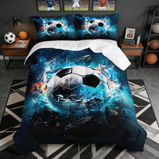 Blue Soccer Comforter Set for Boys - Full Size with 2 Pillowcases
