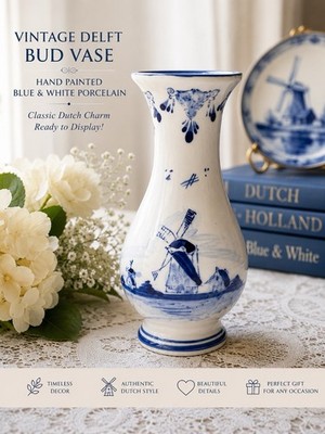 Vintage Delft Holland Blue White Windmill Porcelain Bud Vase Hand Painted