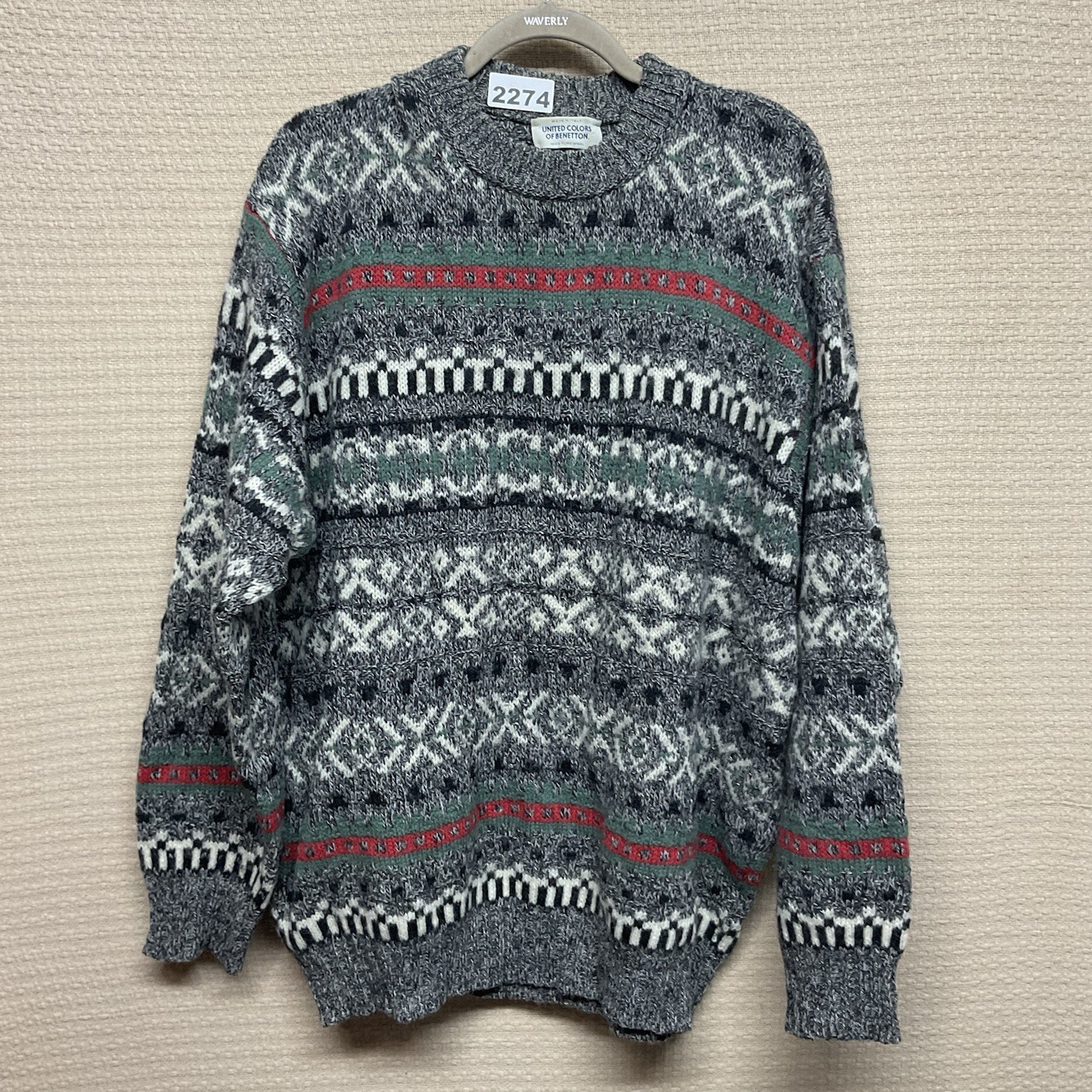 Benetton, Vtg Benetton Shetland Wool Sweater Fair Isle Made in Italy Geometric 80s Large