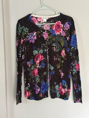 Cathy Daniel's Women's Black Floral Print Rhinestones Button Cardigan Size XL
