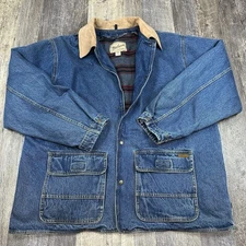 Woolrich Men’s XL Denim Blanket Lined Chore Coat Barn Work Jacket Leather Collar
