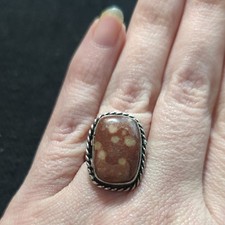 Silver Plated Brown Peanut Jasper Gemstone Rectangular Statement Ring - size 5-7