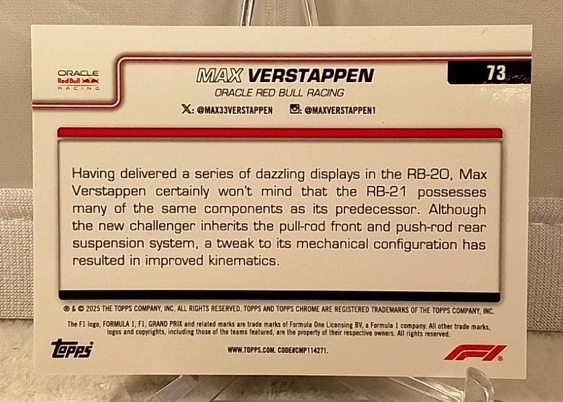 2025 Topps Chrome Formula 1 F1 Max Verstappen Black Refractor 01/10, Red Bull view 2