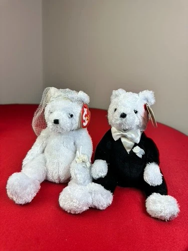 VTG Original Collectible Ty Beanie Babies Bride and Groom Wedding Bears '02 Tags