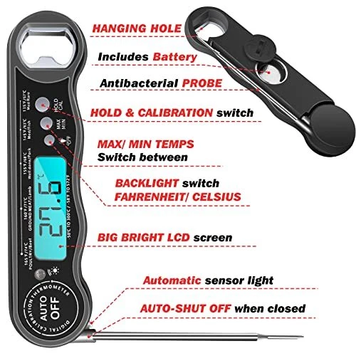 Meat Thermometer Instant Read Digital Kitchen Thermometer BBQ Thermometer Black