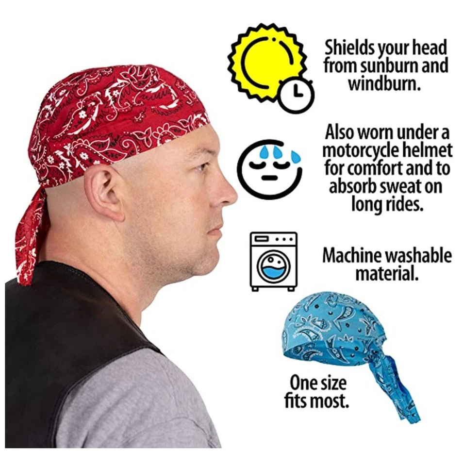 6pc Do Rag Skull Set Cap Black Cotton Du Head Wrap Motorcycle Biker Bandana - Image 3 of 4