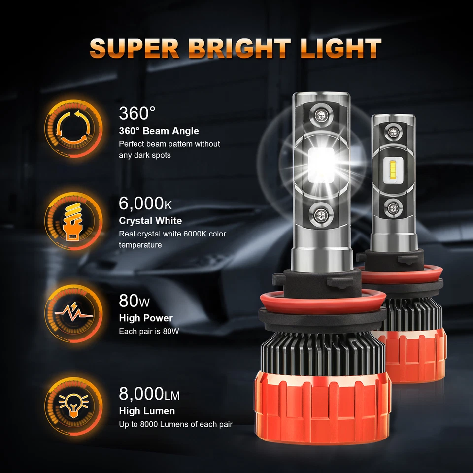 Par de bombillas de faros LED MOSTPLUS 8000LM 80W H11 H9 H8 con chip 1860 6000K blanco Foto 2 de 4