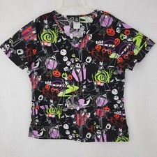 THE NIGHTMARE BEFORE CHRISTMAS Adult Scrub Top Shirt MEDIUM Skulls Spiderwebs