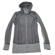 Lululemon Gray Herringbone Zip Front Long Sleeve Hood Thumbhole Long Jacket Sz 8