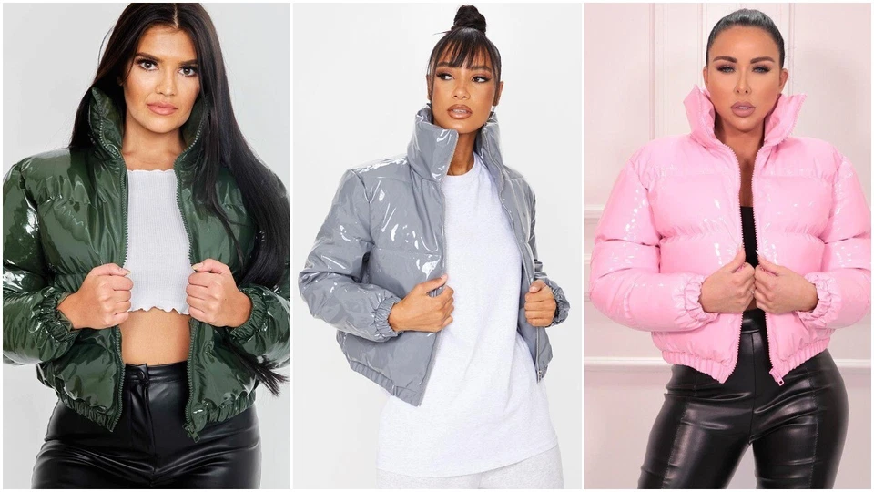 Women Shiny Wet Look Vinyl Thick Puffer Padded Quilted Cropped Short Jacket Coat - Image 2 of 4