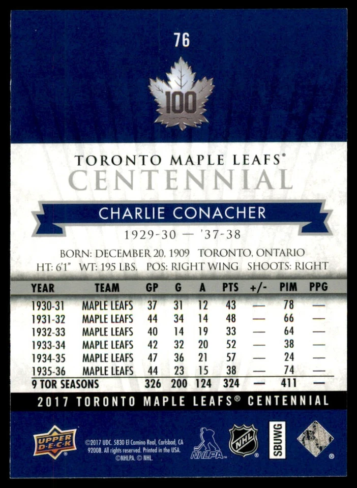 2017-18 Upper Deck Toronto Maple Leafs Centennial Charlie Conacher #76 - Image 2 of 2