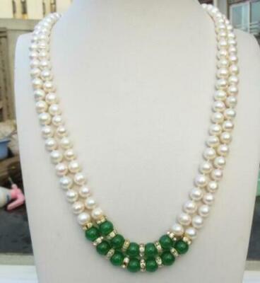 20'' Double Strands AAA 8-9mm Akoya White Pearl + Jasper Necklace 14k Yellow Gold