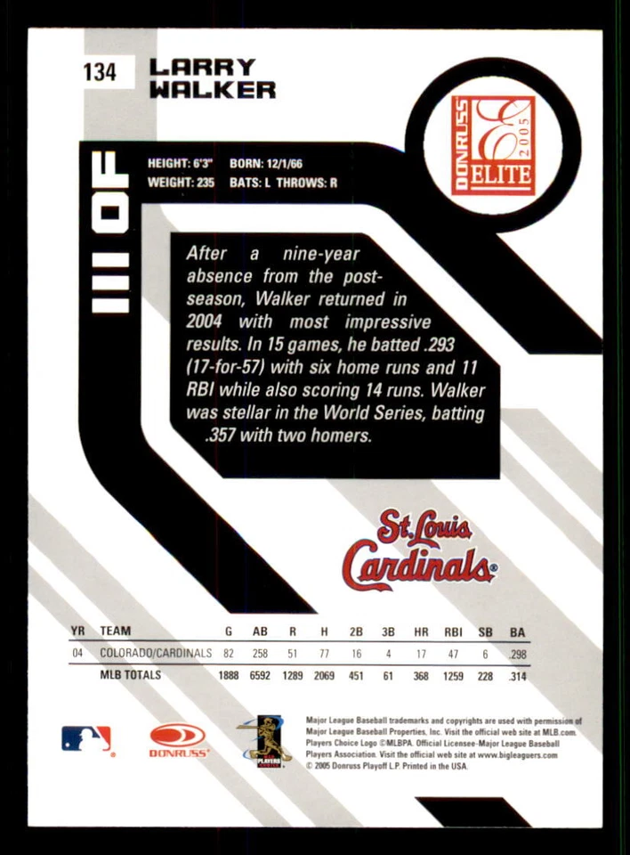2005 Donruss Elite #134 Larry Walker St. Louis Cardinals - Image 2 of 2