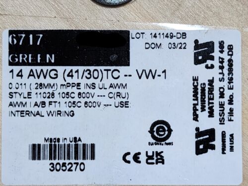 Alpha Wire 6717 #14awg EcoWire mPPE Tinned Copper Hook Up Wire 600V Green /25ft - Picture 1 of 7