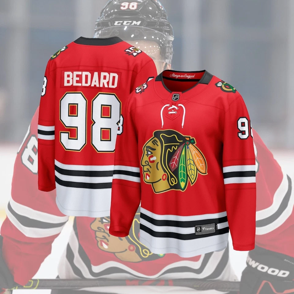 ¡LO ÚLTIMO! Cosido Connor #98 BEDARD Chicago Negro Nombre del Jugador, Número Regalo Fan Foto 3 de 4
