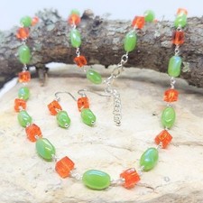 Handmade Green  Orange Beaded Necklace and Earring Set