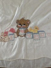 vintage hand embroidered Crib Too Sheet Teddy Bear Blocks Duck 37.5 x34.5