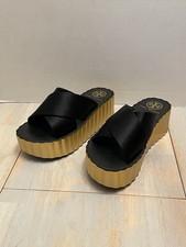 Tory Burch Sandals Black  Gold Scallop Wedge Slip On Platform Size 7 New No Box