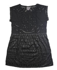 VANESSA VIRGINIA Womens S Black Eyelet Jacquard Shift Dress Boho Chic Textured