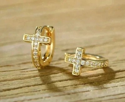 1.00Ct Round Cut Lab Created Diamond Cross Hoop Earrings 14k Yellow Gold Plated