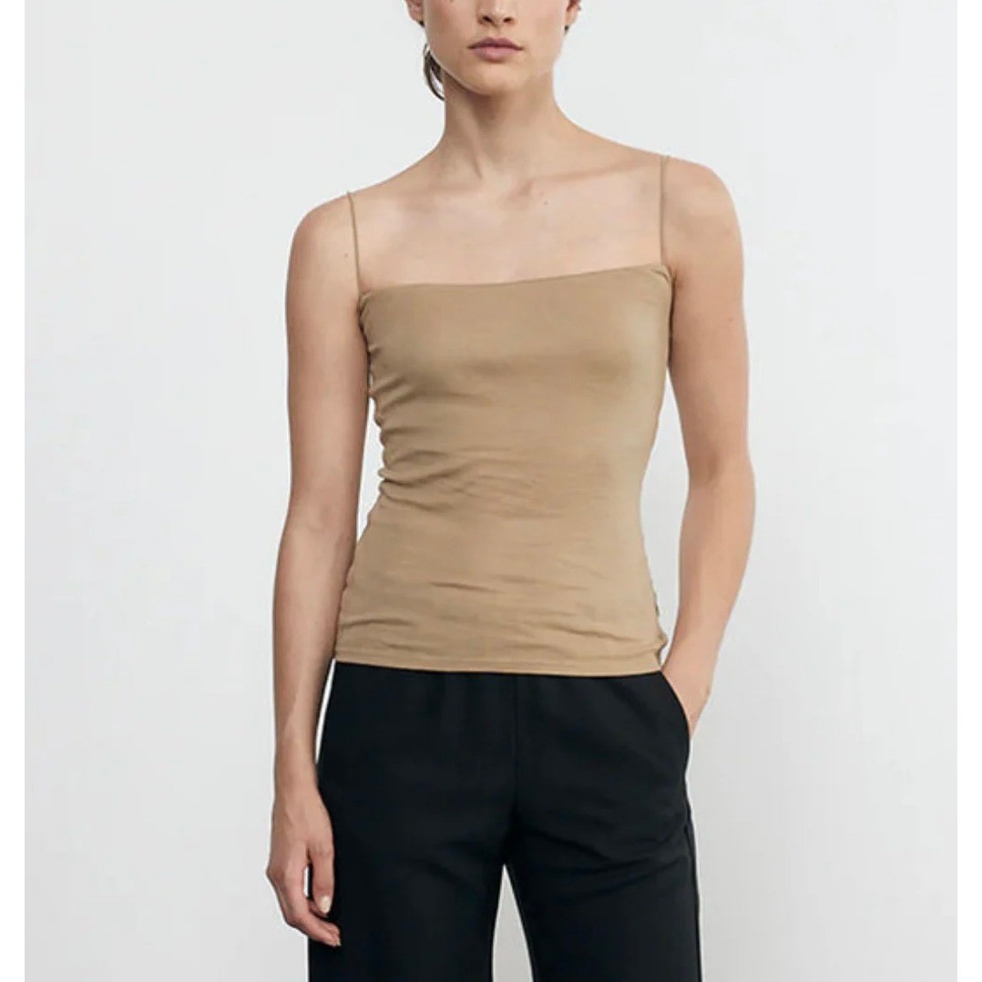 ENZA COSTA Essential Strappy Tank Womens Small Fatigue Tan Quiet Luxury Minimal