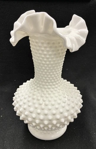 Vintage Fenton White Milk Glass Hobnail Ruffled Vase * 11"