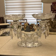 Vintage Crystal Double Epergne Centerpiece w/ Hanging Prisms – 9” Flower Vases