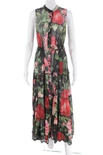 Hemant & Nandita Womens Floral Sleeveless Buttoned Tiered Dress Black Size S