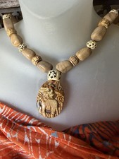 Jasper Carved Elephant Necklace W/ African Batik & Carved Bovine Beads 21”