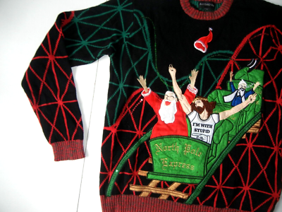 BLIZZARD BAY Christmas SANTA CLAUS JESUS UGLY SWEATER Funny Joke Xmas  Men's M