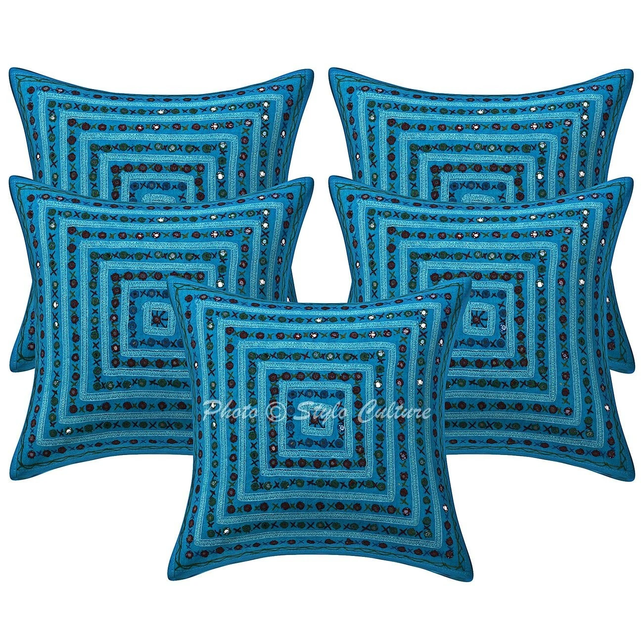 Ethnic Cushion Cover Mirrored Embroidered 16 x 16 in Hippie Sofa Car Pillow Case