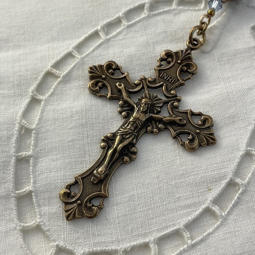Elegante Rosario Ave Maria Corona Blu Pizzo Agata Bronzo Crocifisso Centro 2 Cuori - Foto 3 di 8