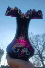 Vintage Crystalex Bohemia Purple Glass Vase White Flowers With Gold Trim