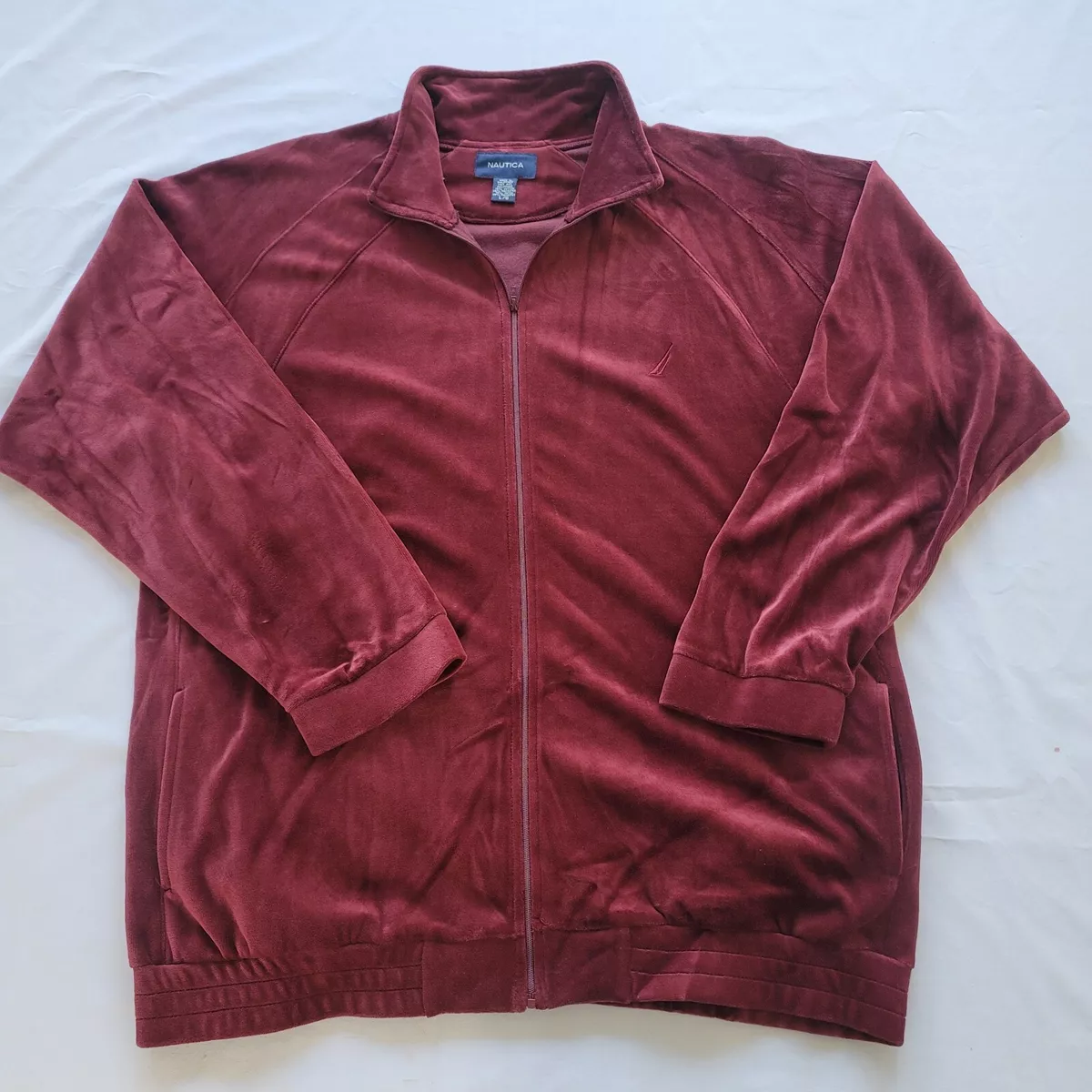 Nautica Burgundy Track Jacket Mens Large Velour Full Zip L