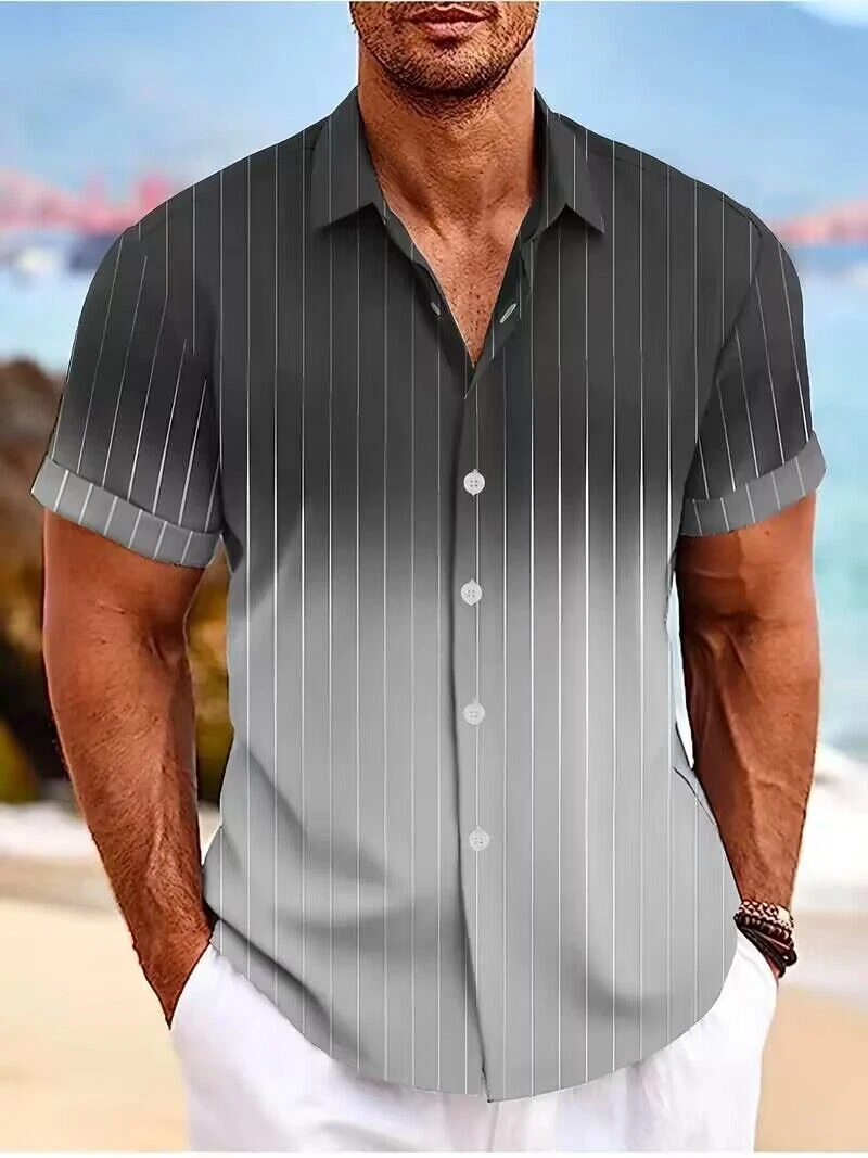 Fashion Men Casual Buttons Down Shirt Short Sleeve Gradient Hawaiian Dress Gray - Picture 1 of 3