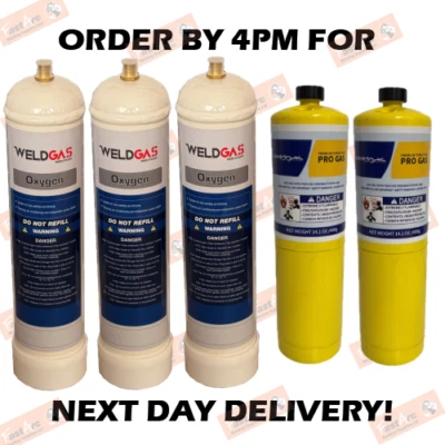3 X WELDGAS FITS OXY TURBO KITS OXYGEN GAS CYLINDER BOTTLE + 2 X MAPP MAP GAS