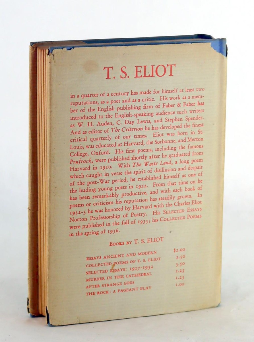T S Eliot 1st Ed 1936 Essays Ancient And Modern Hardcover w