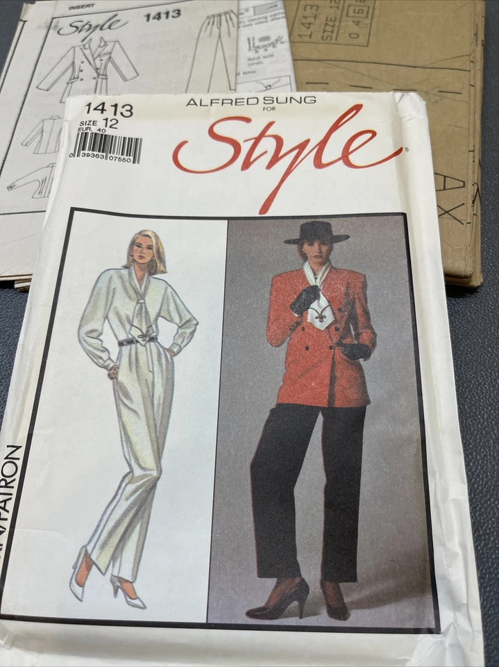 UNCUT Vintage 1988 Style 1413 Alfred Sung Jacket Blouse Pants Career Suit Sz 12 - Image 3 of 4