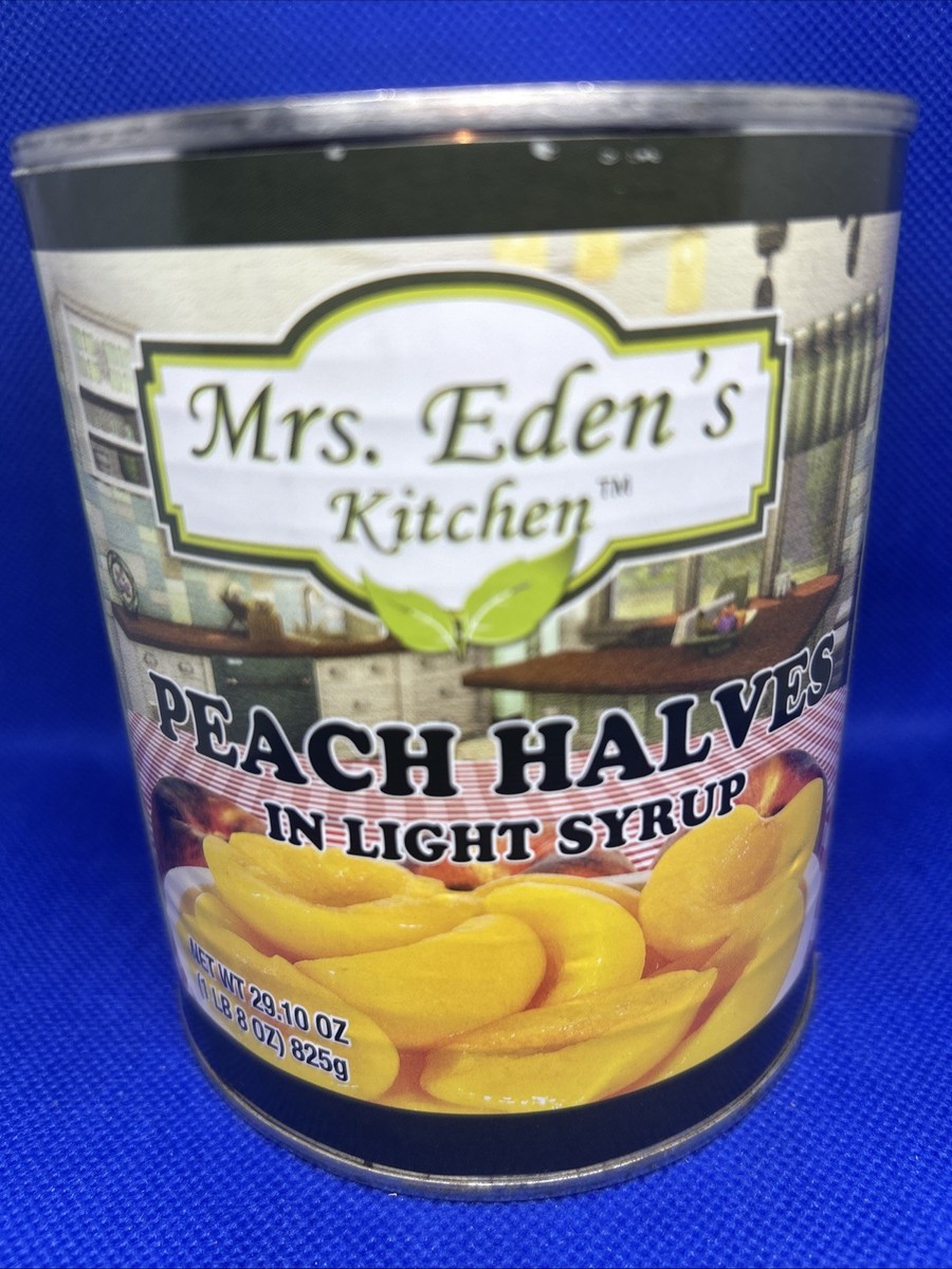 Lot of 6 Cans Mrs Eden kitchen Peach Halves in Syrup/29.1 Oz each