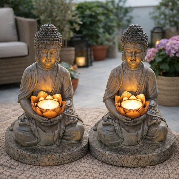 Solarlampe AußEnleuchte Lampe Solarleuchte Garten IP44 Buddha Figur Grau Led 2X-image