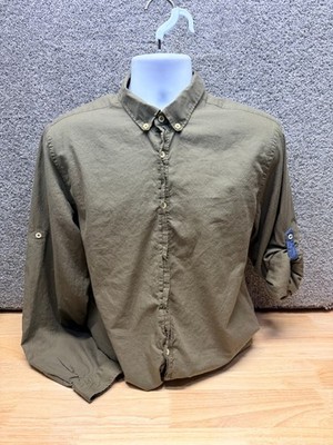 Zara Mens Large Roll Tab Long Sleeve Shirt Green Button Down Casual Lightweight